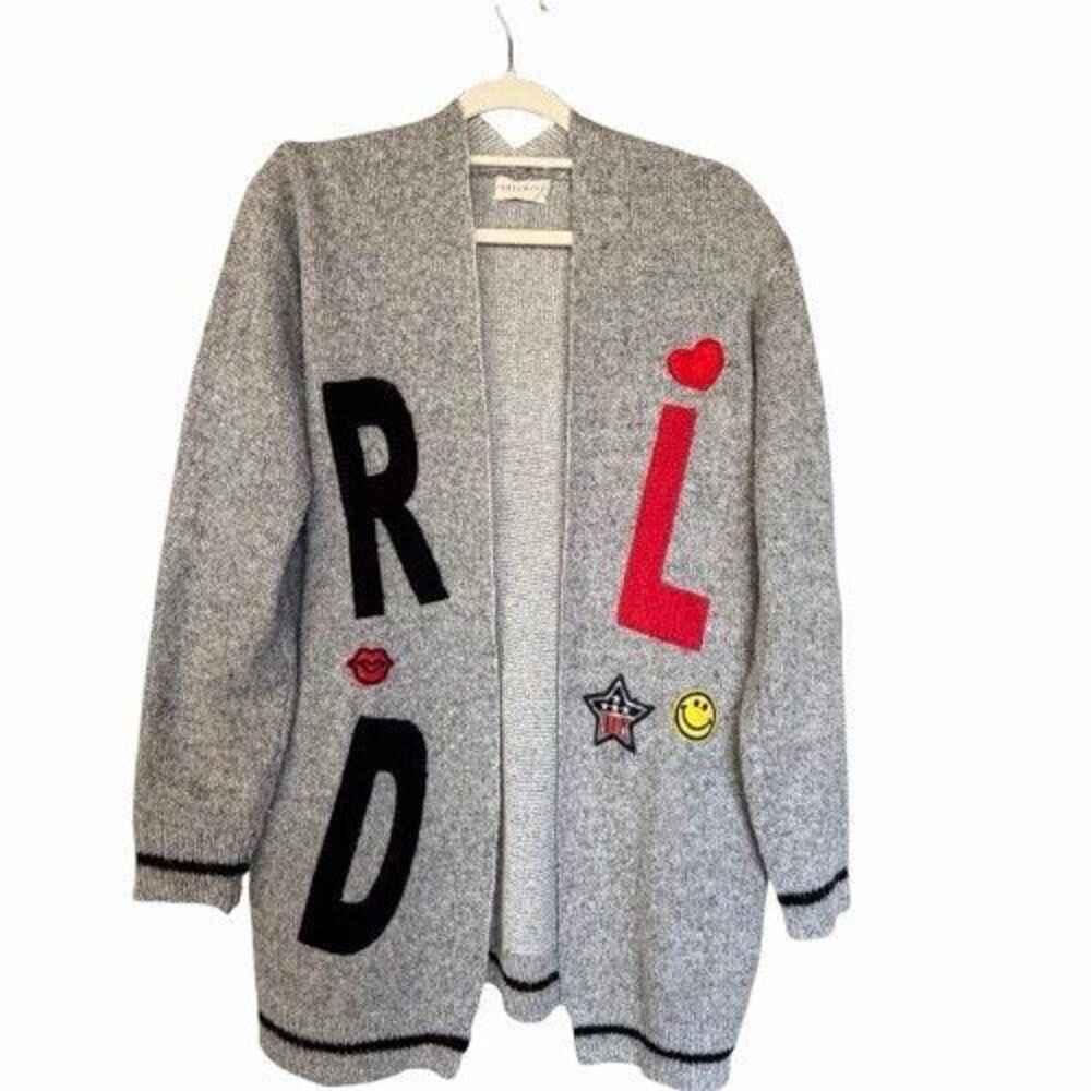 Boho Patchwork Cardigan Womens Medium Colorful Knit Oversized Varsity Sweater